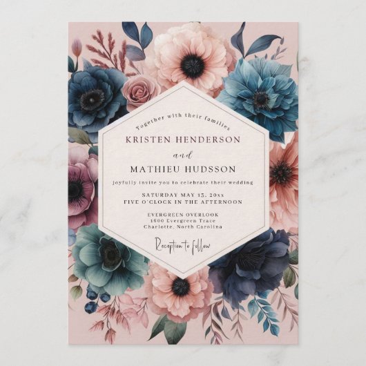 Navy Blush Vivid Flora Wedding Kaart (Voorkant)