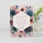 Navy Blush Vivid Flora Wedding Kaart (Staand voorkant)