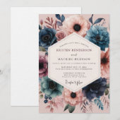 Navy Blush Vivid Flora Wedding Kaart (Voorkant / Achterkant)