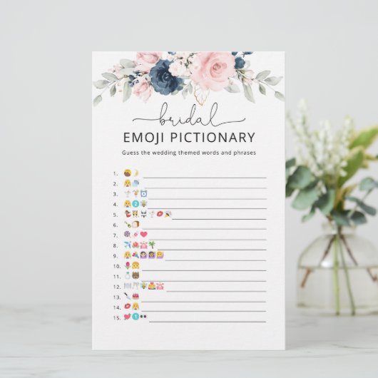 Navy blush vrijgezellenfeest emoji pictionary game (Staand voorkant)