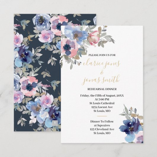 Navy & Blush Watercolor Bloemen Proefavondeten Kaart (Voorkant / Achterkant)