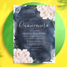 Navy Blush Watercolor Bloemige Quinceanera
