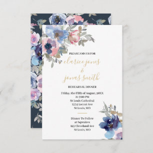 Navy & Blush Watercolor Flowers Rehearsal Dinner Kaart