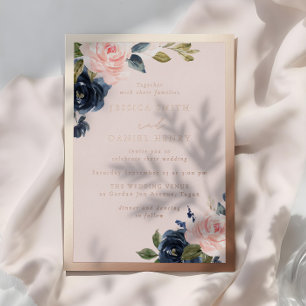 Navy & Blush Waterverf Bloem Roze Gouden Huwelijk Folie Uitnodiging