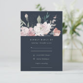 Navy Blush Waterverf Bloemen Bruiloft Details RSVP Kaartje (Staand voorkant)