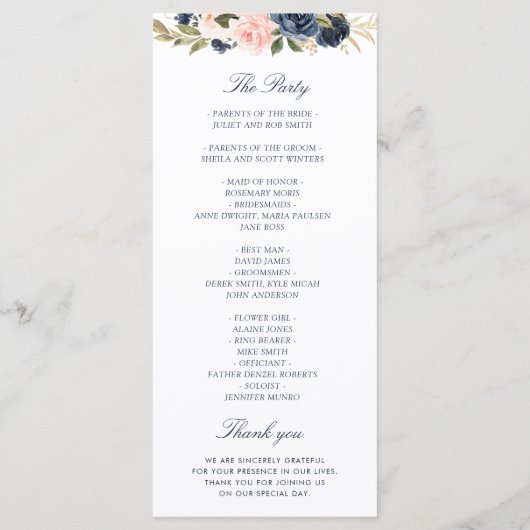 Navy & blush waterverf bloemenbruiloft programma programmakaart (Achterkant)