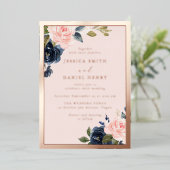 Navy & Blush Waterverf Floral Roos Gold Wedding Folie Uitnodiging (Staand Voorkant)