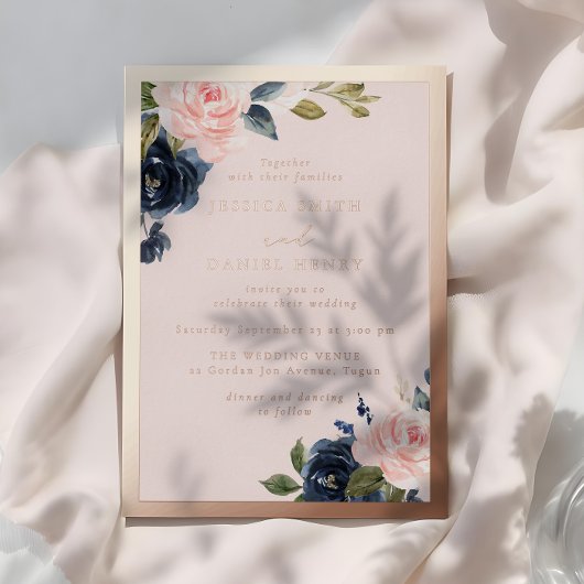 Navy & Blush Waterverf Floral Roos Gold Wedding Folie Uitnodiging