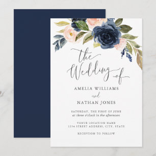 Navy Blush Waterverf Flower Wreath Wedding Kaart