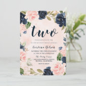 Navy Blush Waterverf Flowers 2e verjaardag Kaart (Staand voorkant)