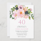 Navy Blush Waterverf Flowers 40th Birthday Party Kaart (Voorkant)
