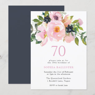 Navy Blush Waterverf Flowers 70e verjaardag Kaart
