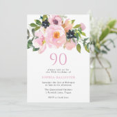 Navy Blush Waterverf Flowers 90th Birthday Party Kaart (Staand voorkant)