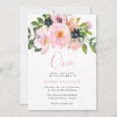 Navy & Blush Waterverf Flowers one 1st Birthday Kaart (Voorkant)