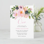 Navy & Blush Waterverf Flowers one 1st Birthday Kaart (Staand voorkant)