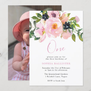 Navy & Blush Waterverf Flowers one 1st Birthday Kaart