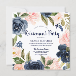 Navy Blush Waterverf Flowers Retirement Party Kaart