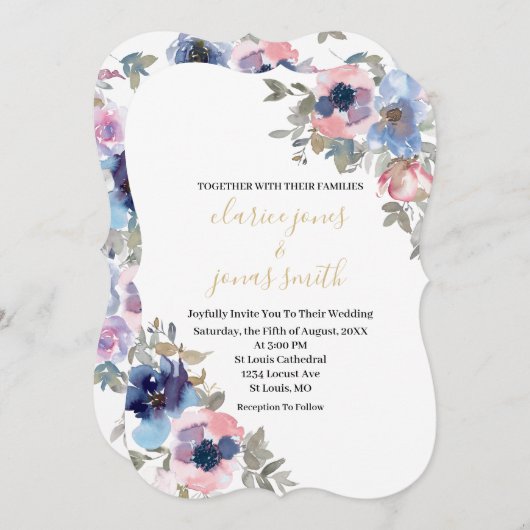 Navy & Blush Waterverf Flowers Weddenschap Kaart (Voorkant / Achterkant)