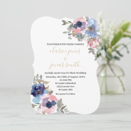 Navy & Blush Waterverf Flowers Weddenschap Kaart (Staand voorkant)