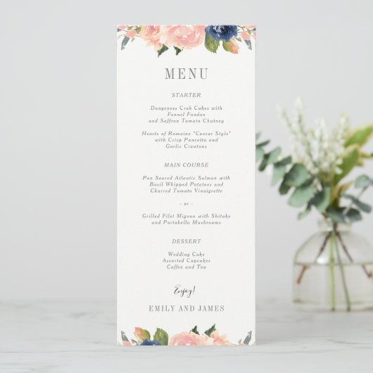 Navy Blush Wedding Menu Kaart #NBC (Staand voorkant)