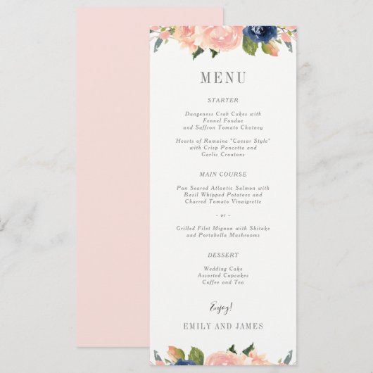 Navy Blush Wedding Menu Kaart #NBC (Voorkant / Achterkant)