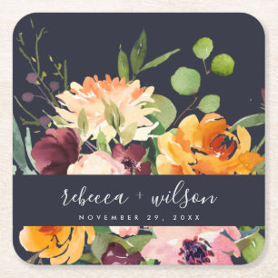 NAVY BLUSH YELLOW ORANJE FLORAL BUNCH WEDING KARTONNEN ONDERZETTERS