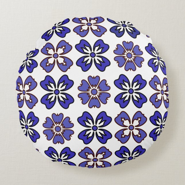 Navy Blye & Indego Chique Bloemen Rond Kussen (Voorkant)