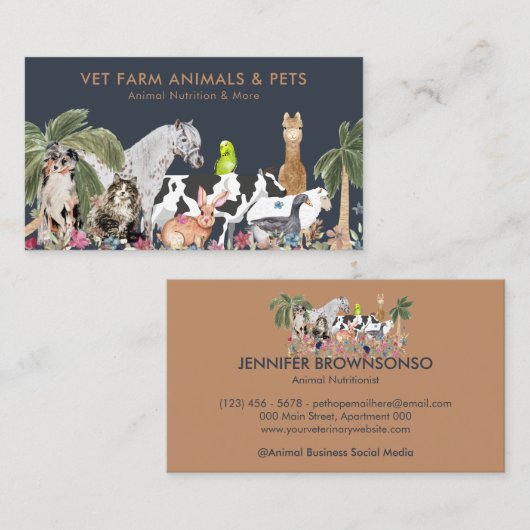 Navy Boerderij Kat Hond Vogel Alpaca Diervoeding Visitekaartje (Voorkant / Achterkant)