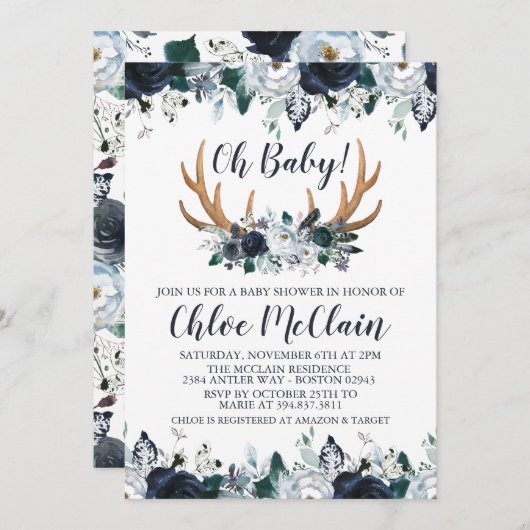 Navy Boho Baby shower Invitation Baby Boy Kaart (Voorkant / Achterkant)