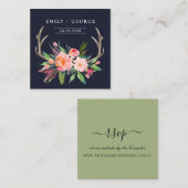 NAVY BOHO BLUSH ANTLER FLORAL WEDDING WEBSITE RSVP VIERKANTE VISITEKAARTJE (Voorkant / Achterkant)