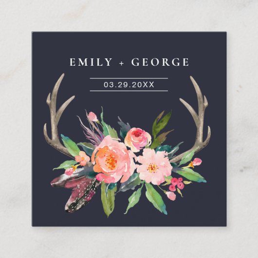 NAVY BOHO BLUSH ANTLER FLORAL WEDDING WEBSITE RSVP VIERKANTE VISITEKAARTJE (Voorkant)
