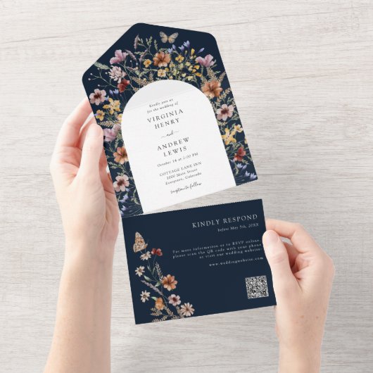 Navy Boho bruiloft All In One Uitnodiging (Afscheurbaar)