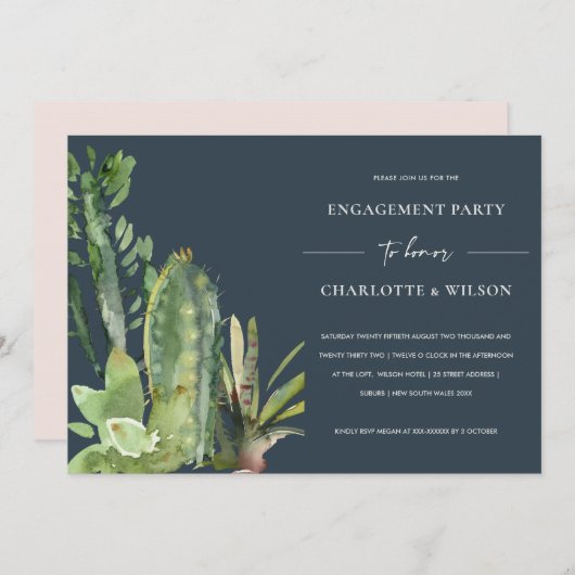 NAVY BOHO DESERT CACTI SUCCULENT FAUNA VERLOVING KAART (Voorkant / Achterkant)