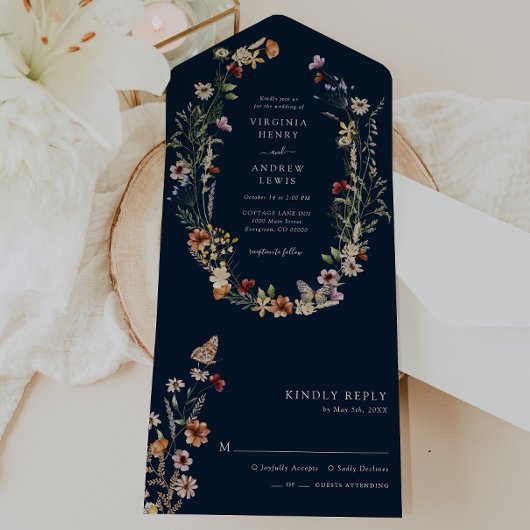 Navy Boho Floral All in One Wedding Invite All In One Uitnodiging