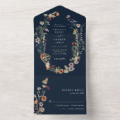 Navy Boho Floral All in One Wedding Invite Uitnodiging (Binnen)