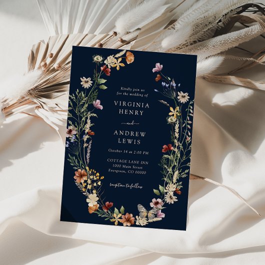 Navy Boho Floral Wedding Invitation Kaart