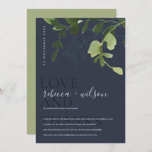 NAVY BOHO GROEN EUCALYPTUS LOOF WATERVERF BEDANKKAART (Voorkant / Achterkant)