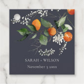 Navy Boho Oranje Blossom Botanical Wedding Bedankjes Labels (Voorkant)