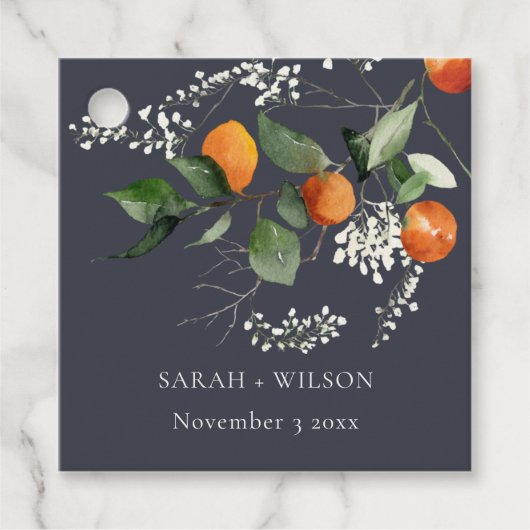 Navy Boho Oranje Blossom Botanical Wedding Bedankjes Labels (Voorkant)