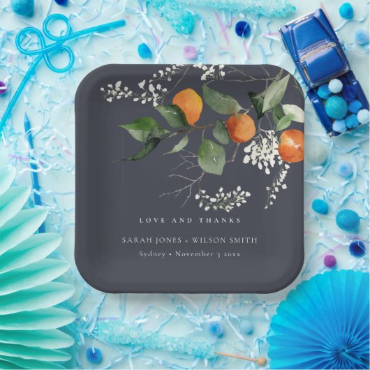 Navy Boho Oranje Blossom Botanical Wedding Papieren Bordje (Feest)