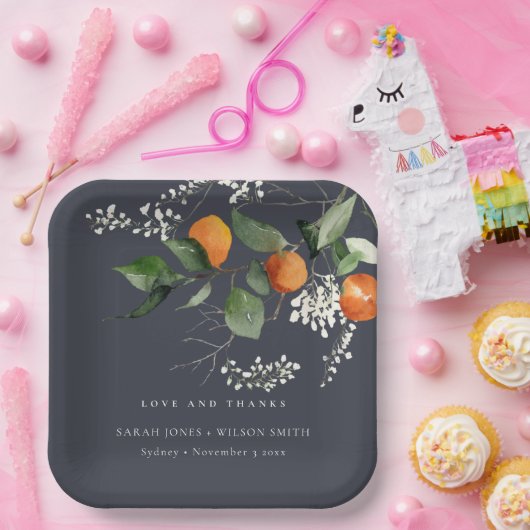 Navy Boho Oranje Blossom Botanical Wedding Papieren Bordje (Feest)