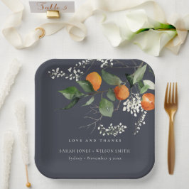 Navy Boho Oranje Blossom Botanical Wedding Papieren Bordje