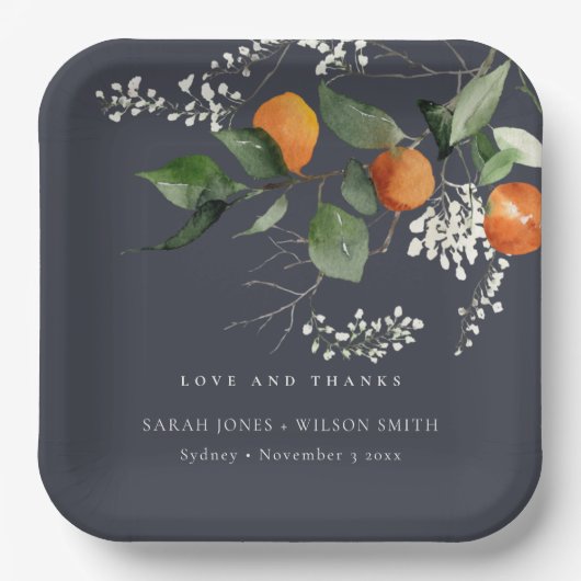 Navy Boho Oranje Blossom Botanical Wedding Papieren Bordje (Voorkant)