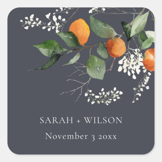 Navy Boho Oranje Blossom Botanical Wedding Vierkante Sticker (Voorkant)