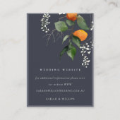 Navy Boho Oranje Blossom Botanical Wedding Website Informatiekaartje (Voorkant)