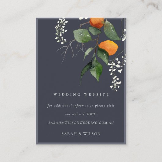 Navy Boho Oranje Blossom Botanical Wedding Website Informatiekaartje (Voorkant)