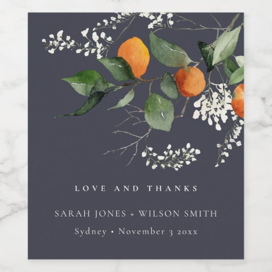 Navy Boho Oranje Blossom Botanical Wedding Wijn Etiket (Enkel label)