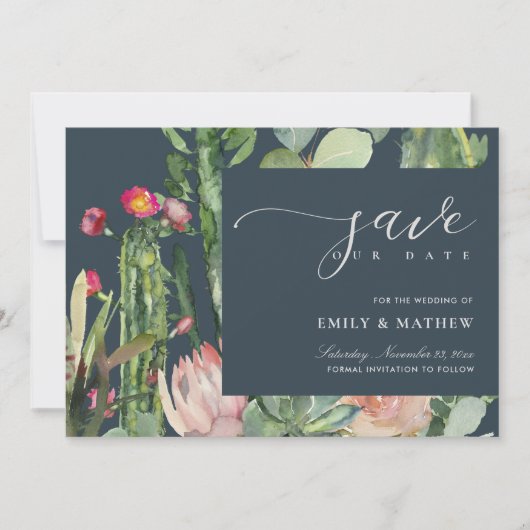 NAVY BOHO PINK DESERT CACTUS FLORAL WATERVERF SAVE THE DATE (Voorkant)