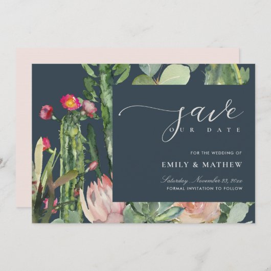 NAVY BOHO PINK DESERT CACTUS FLORAL WATERVERF SAVE THE DATE (Voorkant / Achterkant)