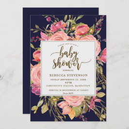 Navy Boho Pink Wild Flower baby shower Uitnodiging